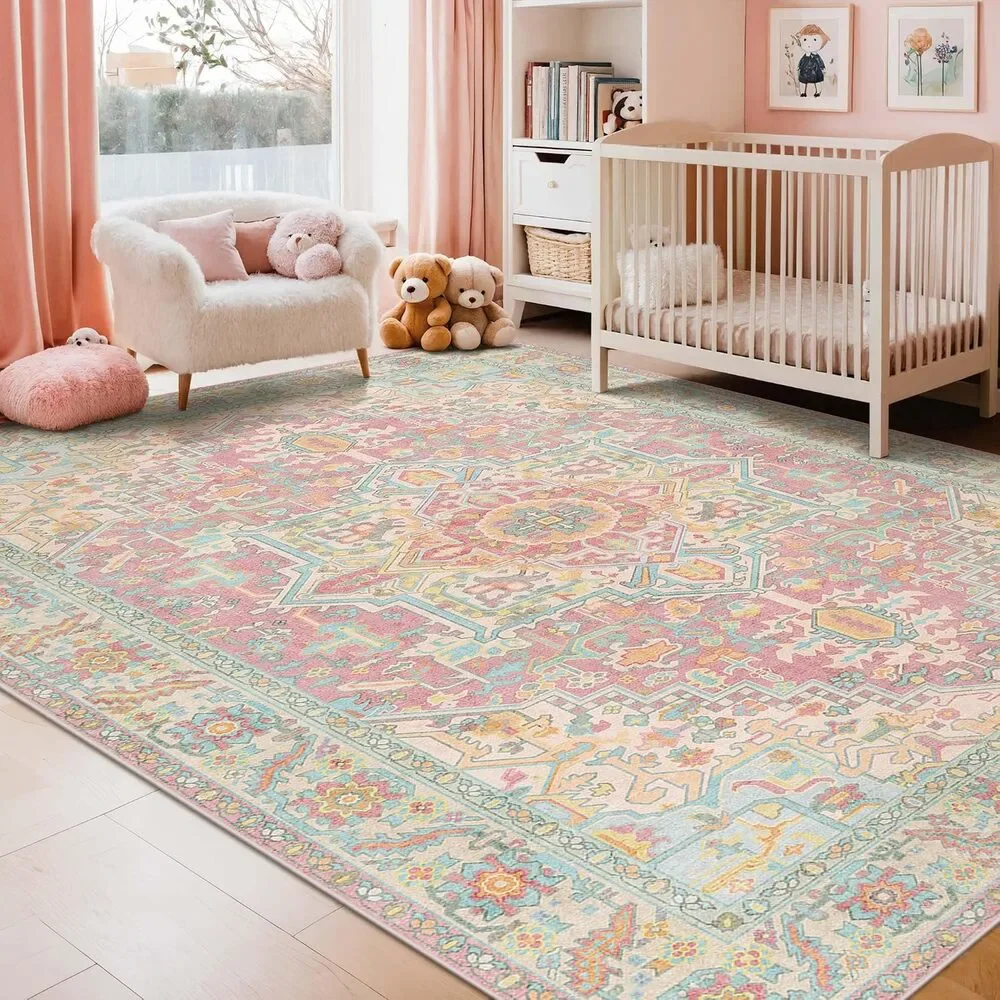Kokia 9x12 Blush Pink Blue Vintage Boho Rug, Washable Low Pile, Non-Slip